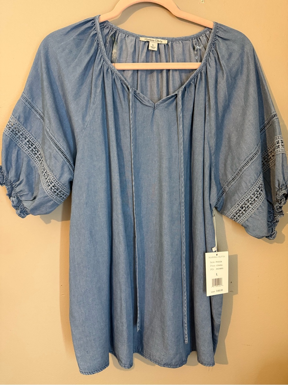 Madison Blue Chambray Peasant Tunic with Lace Insets